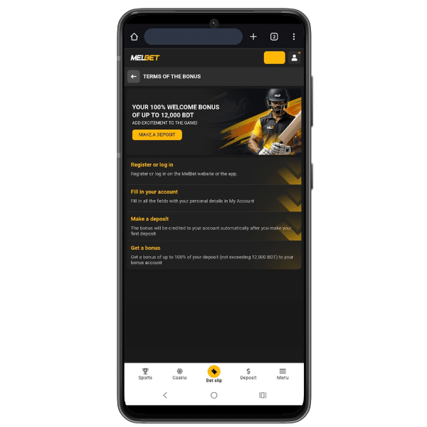 Melbet &ndash; Melbet mobile screenshot showing the bonus offer page with steps to register, deposit, and claim the reward.